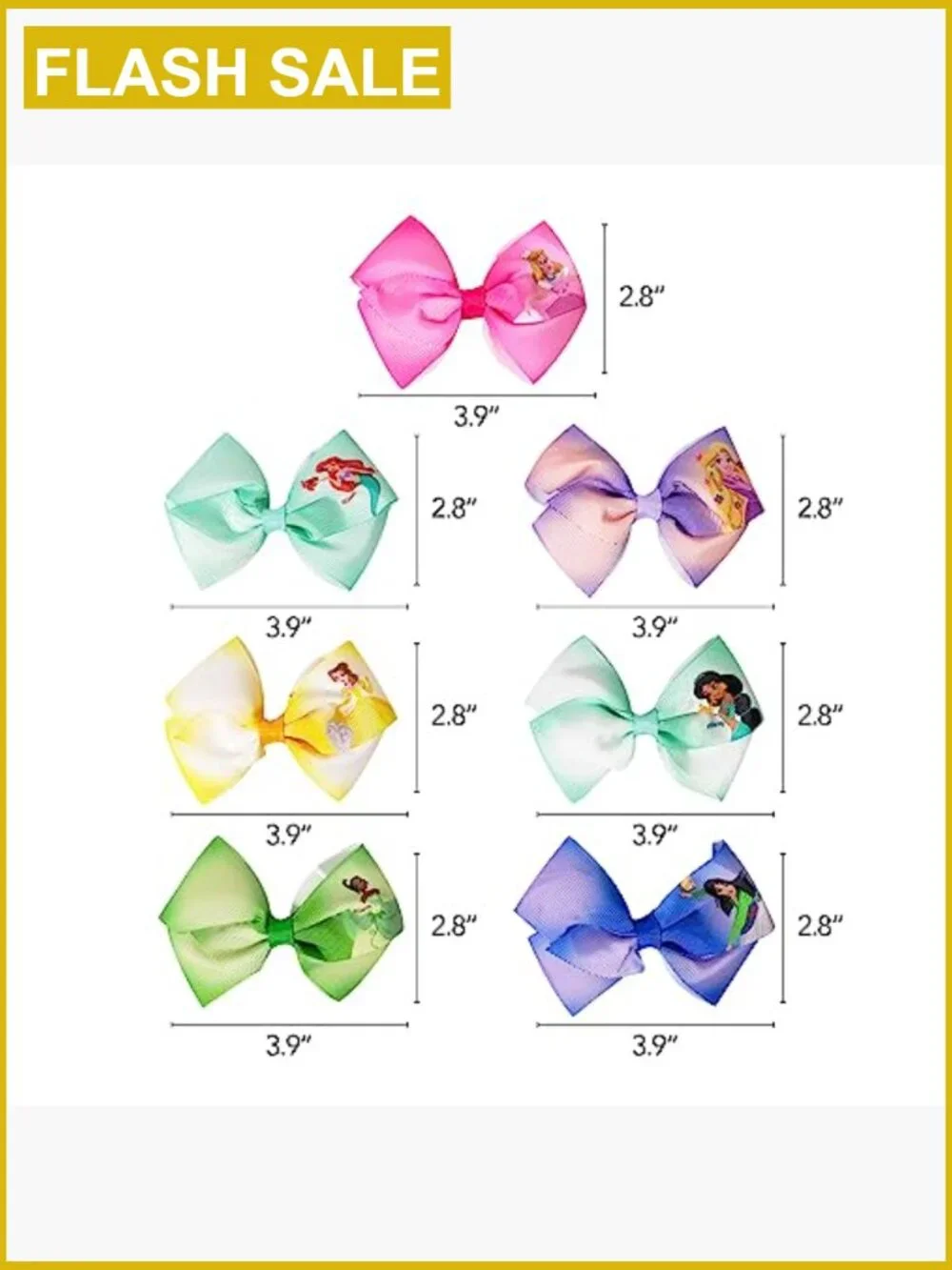 Girls Hair Bows Set 7 Piece Alligator Clips Disney Princess